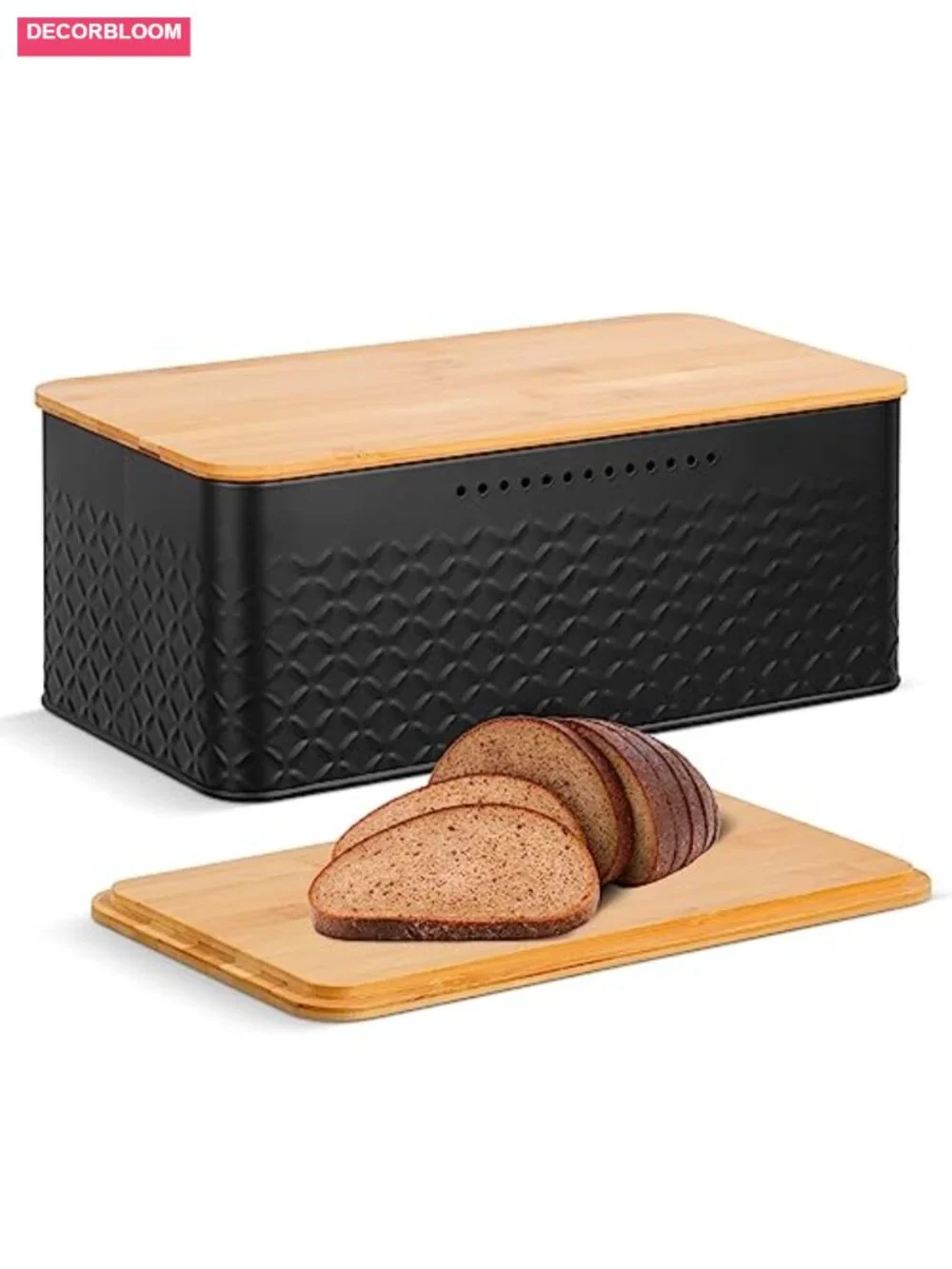 Metal Bread Box with Bamboo Cutting Board Lid, Kitchen Countertop Storage Bin